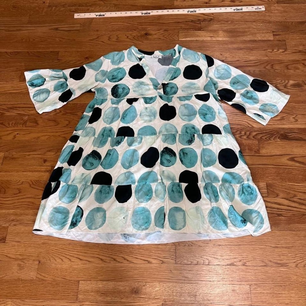 Tiered Dress Polka Dot Watercolor 3/4 Sleeve V Neck Casual Cute‎ Fun